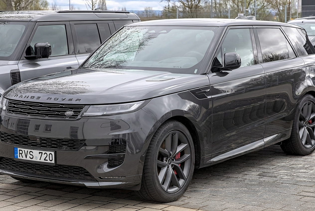 Tamsiai pilkas Range Rover Sport iš priekio